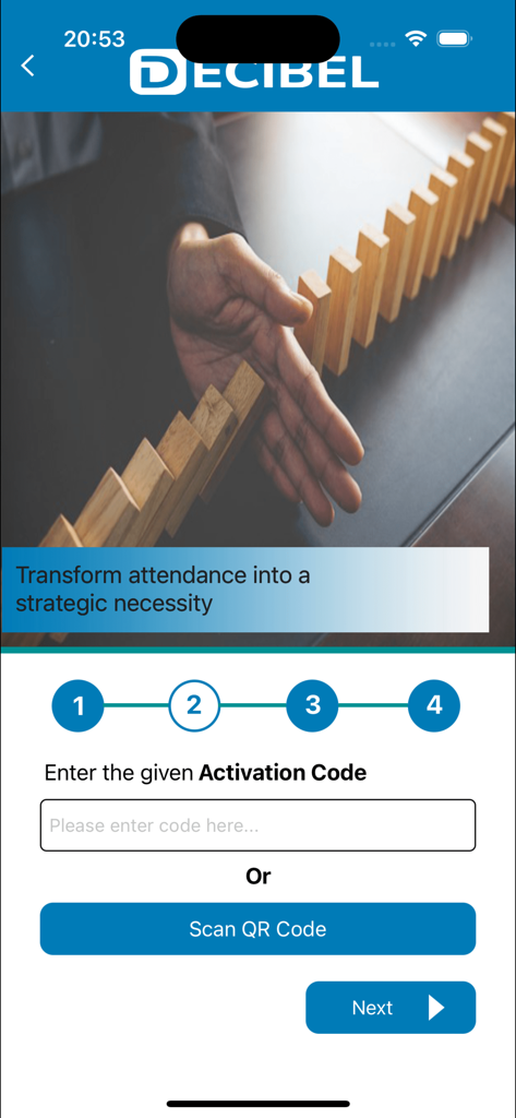 Activation screen for Decibel HRMS app with an activation code input field and QR code scan button.