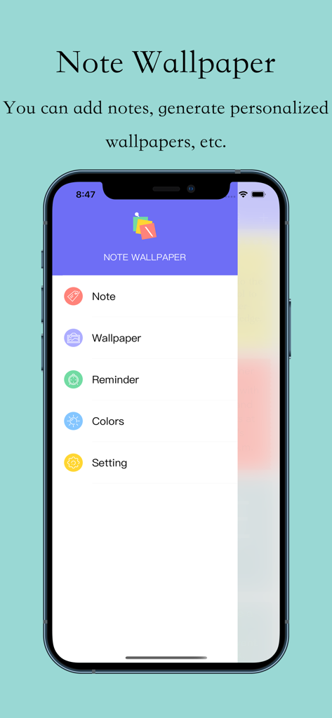 付箋＆壁紙作成アプリのメインメニュー、メモと壁紙作成オプションが表示されています