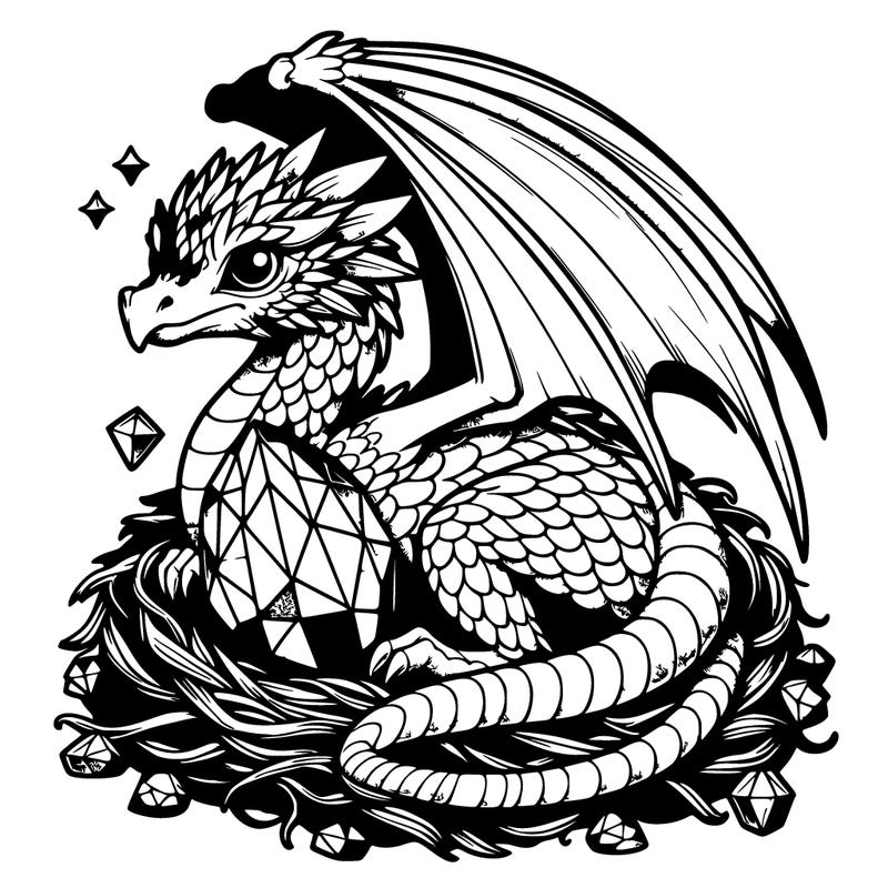 realistic diamond dragon curled up in nest with diamond egg