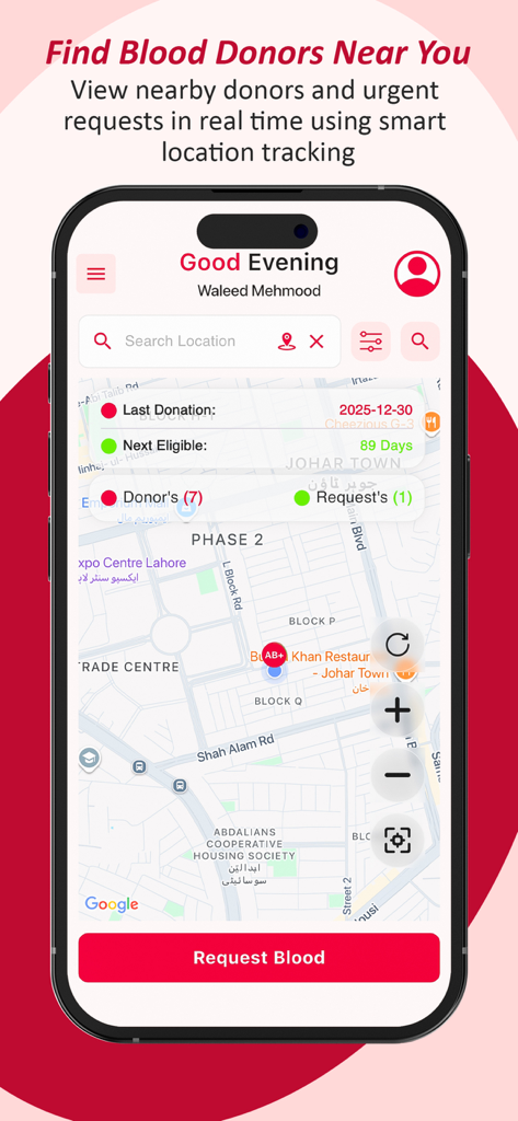 Blood Sync App - A map interface within the Blood Sync App showing nearby blood donors and urgent blood requests using location tracking.
