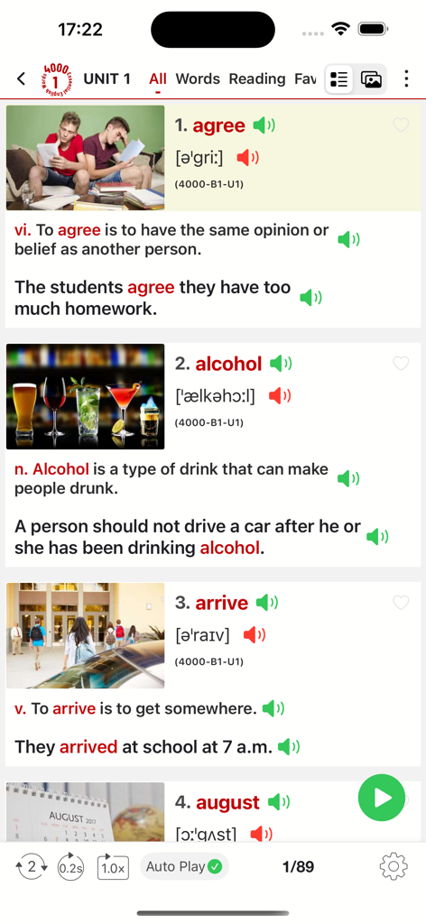 4000 Essential English Words ⑴ - Interfaz de aplicación de aprendizaje de vocabulario en inglés que muestra palabras como 'agree' y 'alcohol' con definiciones e imágenes