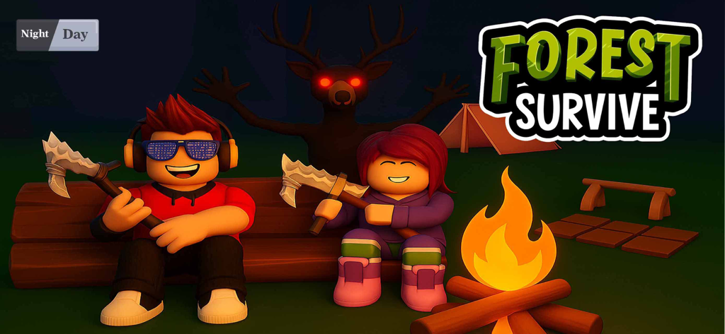 The Color 99 nights iN Forest - Two blocky characters sitting by a campfire at night with a shadowy monster in the background