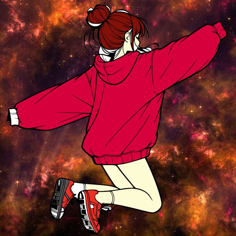 realistic girl jumping with a bun and oversized sweatshirt