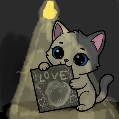 a small cat with a blank sheet of paper in its hand. the cat is sooooooo cute!