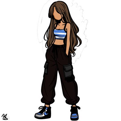 girl in baggy pants crop top and long hair