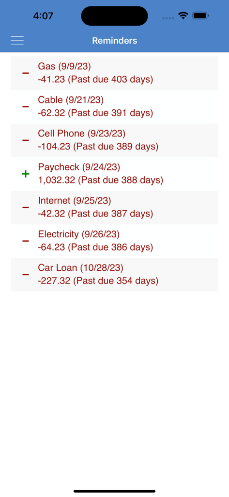 The Reminders screen of the Moneyspire 2026 app showing a list of past due bills and income items with their amounts and overdue statuses.