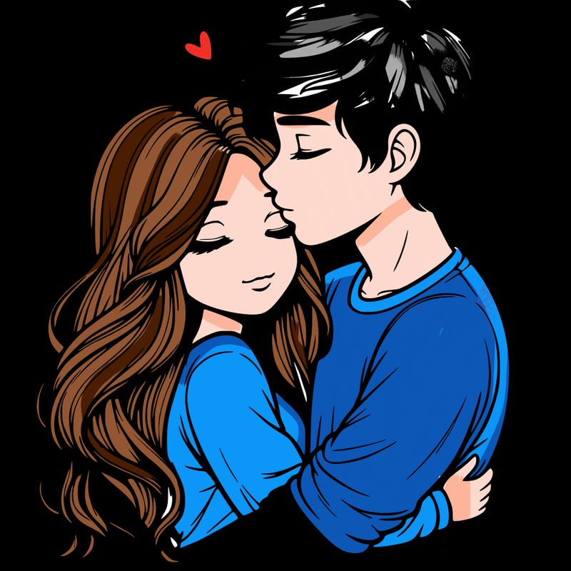 a realistic couple boy and girl hugging and kissing