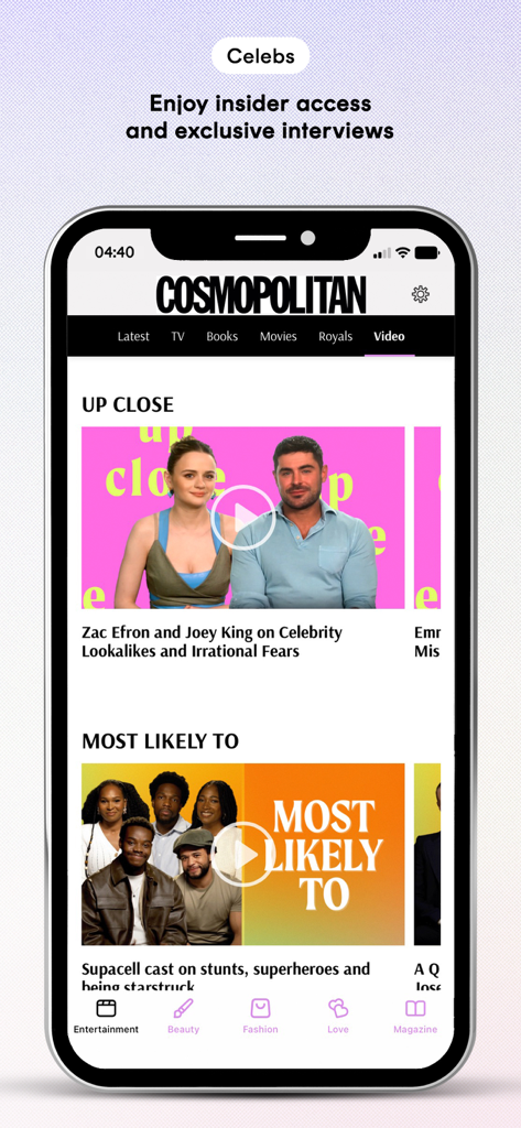 Cosmopolitan UK - Cosmopolitan UK app interface showing exclusive celebrity interviews and entertainment videos