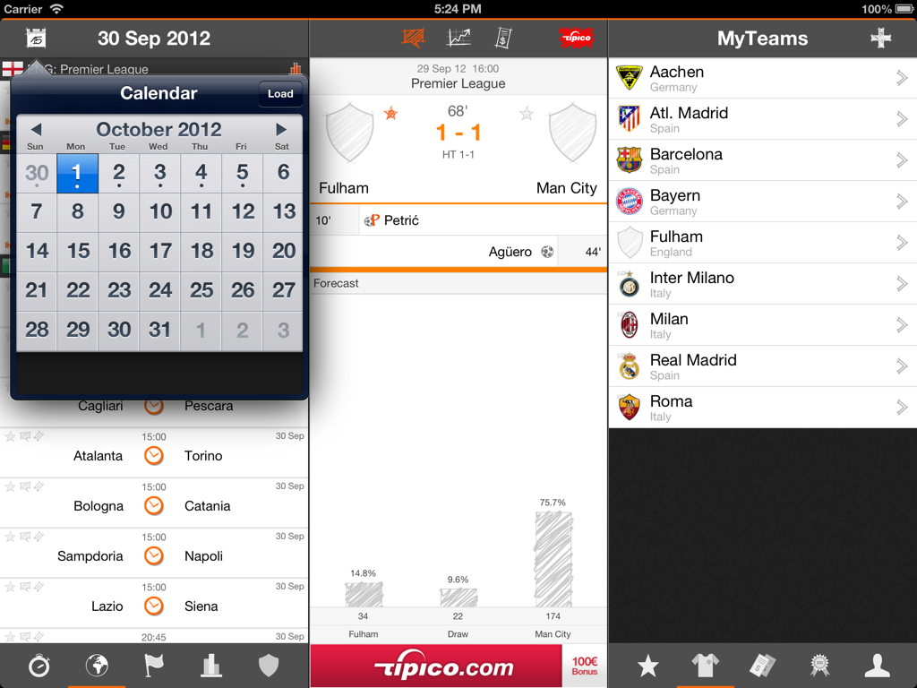 Futbol24 HD - L'interface de l'application Futbol24 HD pour iPad affiche le calendrier des matchs et la liste MyTeams avec les scores en direct.