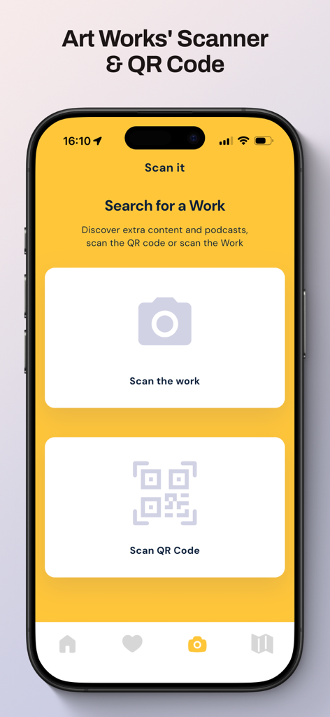 Artup - ArtUP mobile app screen showing options to scan artwork or scan a QR code for museum information.