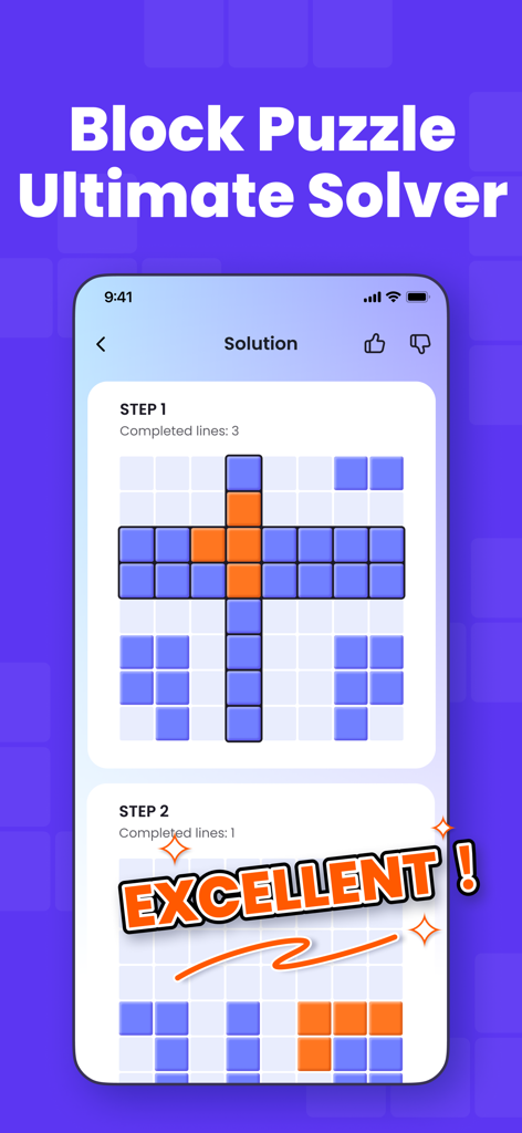 App screen showing step by step solutions and completed lines for a block puzzle game