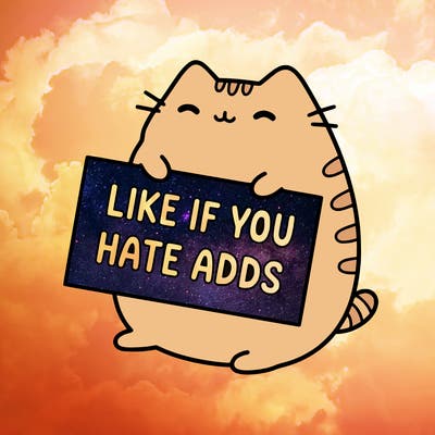 a kawii pusheen cat holding a sign that says like if you hate adds