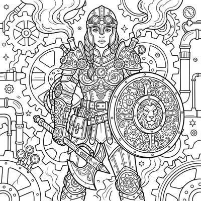 Embark on an epic coloring journey with this stunning steampunk shieldmaiden. Dive into a world where ancient valor meets futuristic gears, offering a unique blend of fantasy and industrial design for your creative expression.