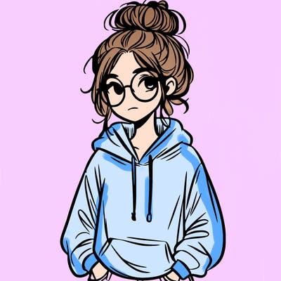 teen girl with a messy bun and glasses wearing a loose hoodie and jeans