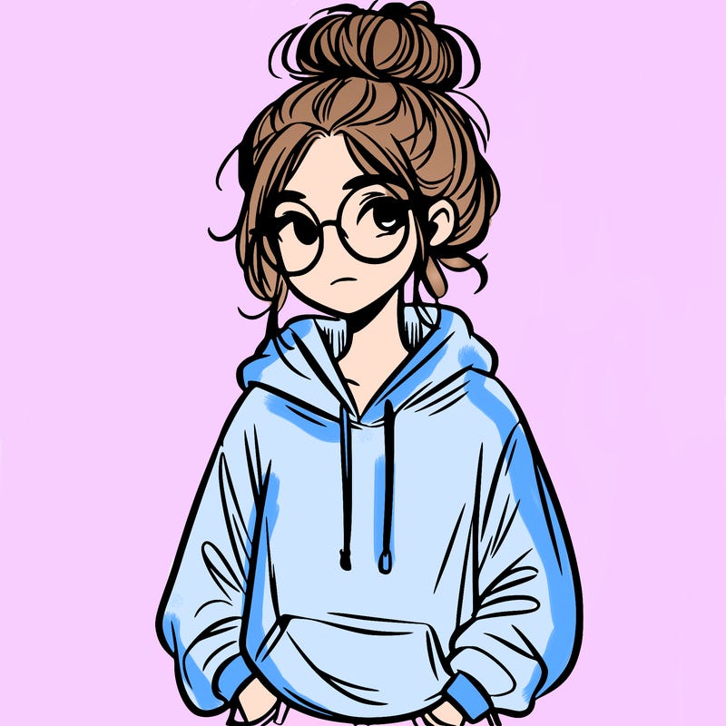 teen girl with a messy bun and glasses wearing a loose hoodie and jeans
