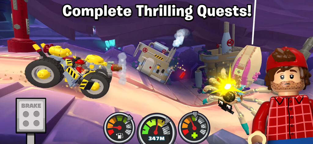 LEGO® Hill Climb Adventures - Jugabilidad de LEGO Hill Climb Adventures que muestra un vehículo personalizado completando una misión en un entorno de caverna