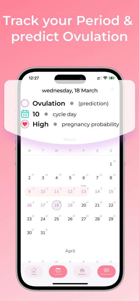 Menstrual Cycle Tracker App - Interfaz de la aplicación Cycle Day que muestra un calendario de período con predicciones de ovulación y probabilidad de embarazo en un iPhone