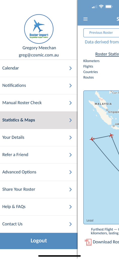 The side navigation menu of the Roster Import app displaying options like calendar notifications and flight statistics.