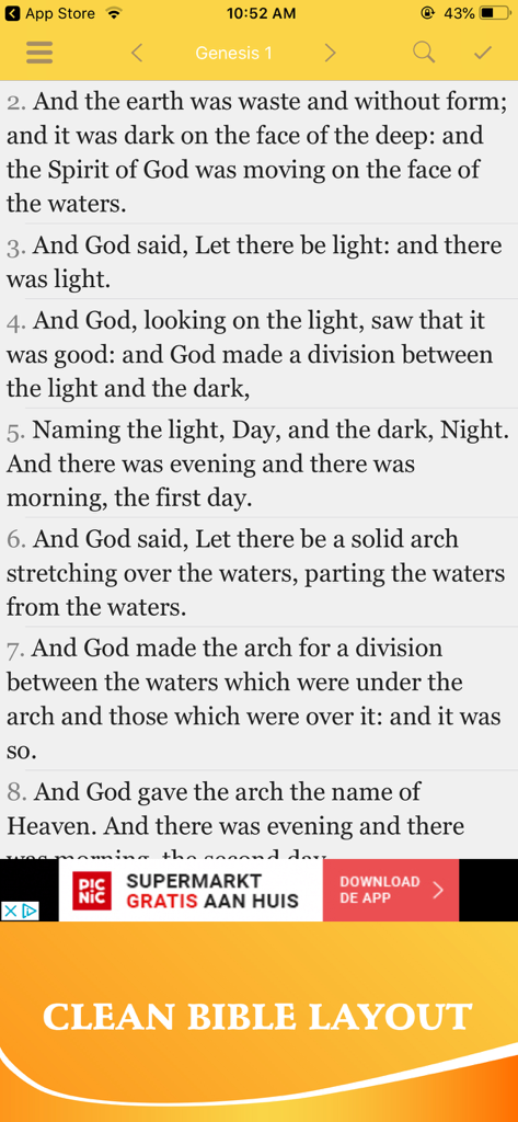 Bible In Basic English - BBE - Interfaz de la aplicación Biblia en Inglés Básico mostrando el capítulo 1 del Génesis con un diseño de lectura limpio