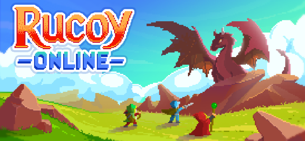 Rucoy Online - MMORPG - Pixel art characters including a knight archer and mage facing a large dragon in Rucoy Online
