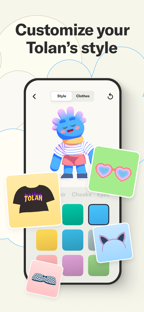Tolan: Alien Best Friend - Interface for customizing the appearance of the Tolan alien character with various clothes and accessories