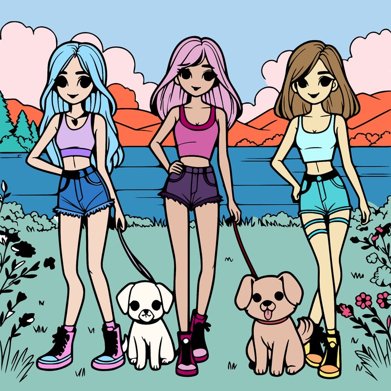 a group of three teen girls with crop tops and shorts with their dogs and in a meadow with a beautiful lake behind them