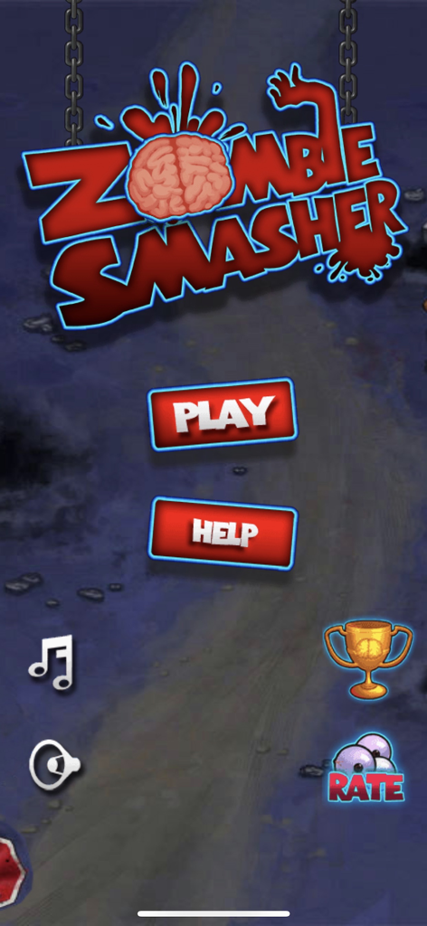 Zombie Smasher Puzzle - Main menu screen of Zombie Smasher Puzzle mobile game showing play and help buttons with zombie theme graphics