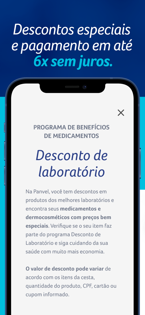 Panvel Farmácia e Perfumaria - Panvel app screen showing medicine laboratory discounts and interest-free installment payment details.