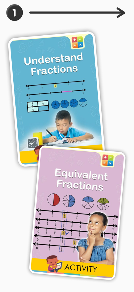 Educational activity cards for learning fractions and equivalent fractions in a 3rd grade math app
