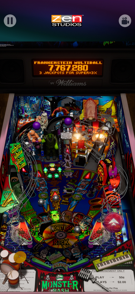 Zen Pinball World - Monster Bash Williams pinball table gameplay in Zen Pinball World showing the Frankenstein multiball mode