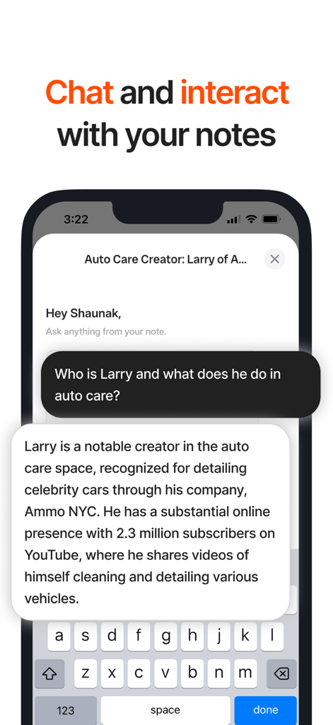 Audionotes: Audio Notes AI - Tela de smartphone mostrando a interface de chat do aplicativo Audionotes, onde um usuário interage com suas notas usando IA.