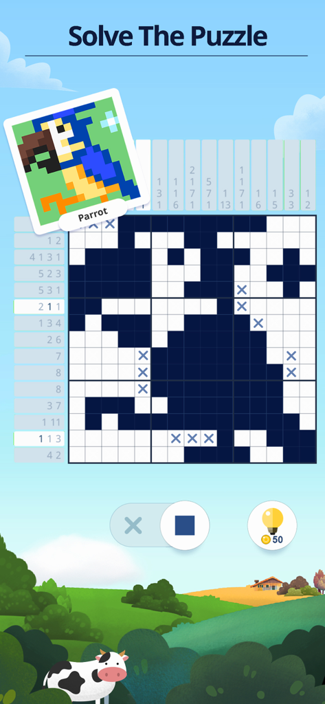 Nonogram: Picture Cross Sudoku - Nonogram-Logikrätselbildschirm, der ein teilweise gefülltes Raster und eine fertige Papageien-Pixelkunst-Illustration zeigt.