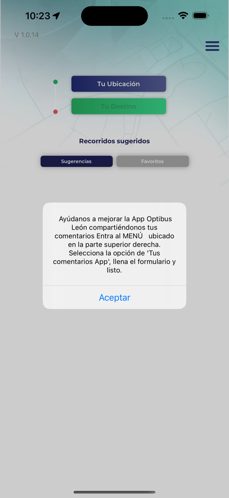 Una ventana emergente de solicitud de comentarios en la interfaz de planificación de rutas de la aplicación móvil OptiBus León.