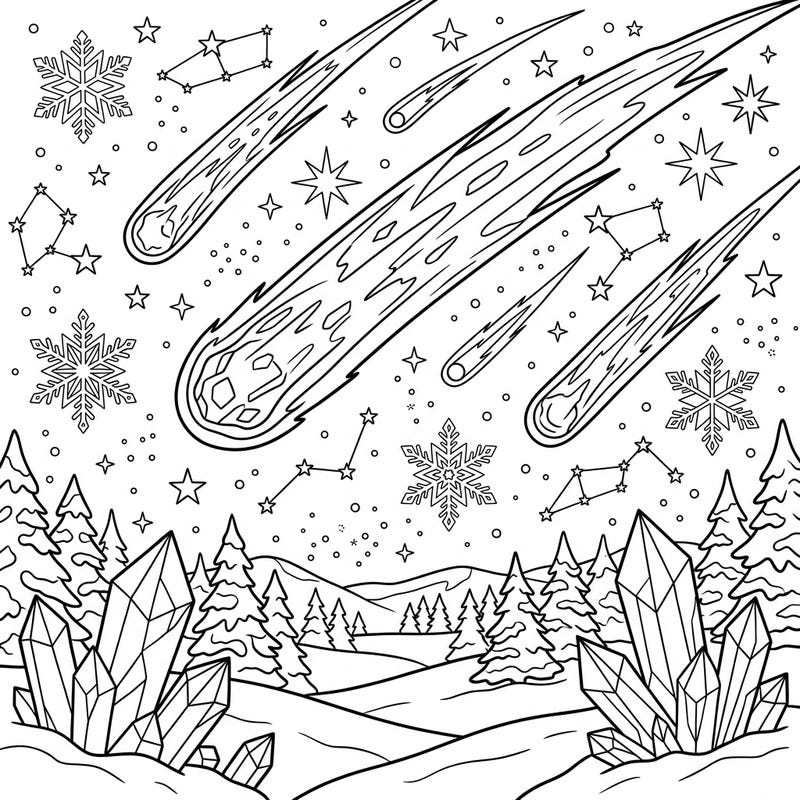Witness the breathtaking spectacle of sungrazing comets descending upon a serene winter landscape. This intricate coloring page blends celestial wonder with the quiet beauty of snow-covered forests and sparkling ice crystals.