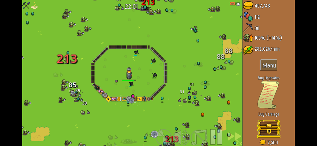 All Aboard! Defense Express - A gameplay screenshot showing a defensive train on a hexagonal track firing at orc enemies in a green field