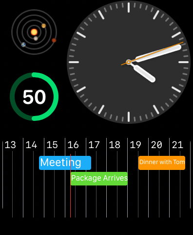 スケジュールされたイベントとリマインダーが表示された水平カレンダータイムラインを表示する Apple Watch の文字盤
