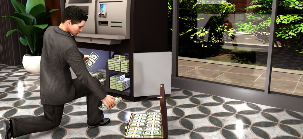 Bank Simulator Money Business - A man in a suit stocking a briefcase with stacks of money from an open ATM in Bank Simulator Money Business.