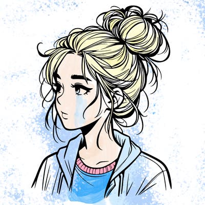 realistic teenage girl with a messy bun