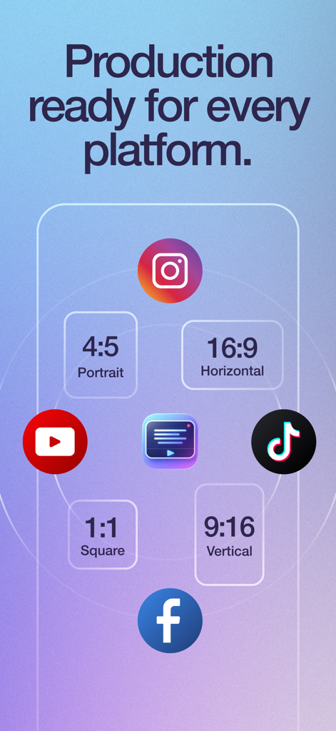 CueCam: Video Teleprompter - Gráfico que muestra las opciones de exportación de vídeo para múltiples plataformas de redes sociales con varias relaciones de aspecto en la aplicación CueCam
