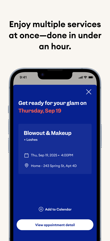 Glamsquad: On-Demand Salon App - Glamsquad app interface showing a scheduled blowout and makeup service at home.