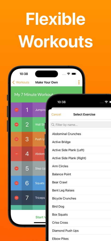 7 Minute Workout - The custom workout builder interface showing a list of exercises to select for a personalized fitness routine