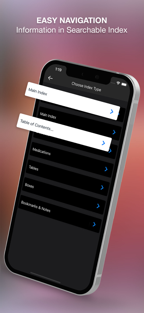 Nursing Skills & Procedures - Smartphone screen showing the searchable index and easy navigation menu for the Nursing Skills and Procedures app