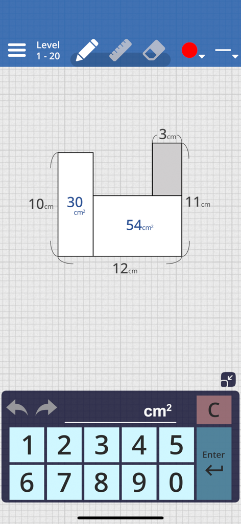 Area Quiz : Geometry Problems - Geometry area puzzle with rectangle dimensions on grid paper background