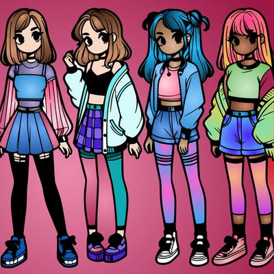 one girl with crop-top shirt and a jacket with a skirt, long socks and another girl with a shirt and pants with a jacket