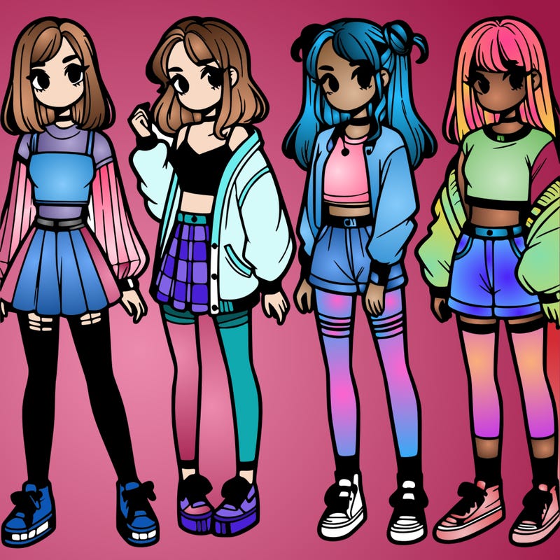 one girl with crop-top shirt and a jacket with a skirt, long socks and another girl with a shirt and pants with a jacket