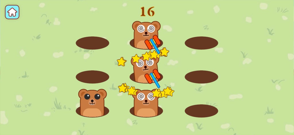 Minijuego de "Golpea al topo" para niños con adorables animales marrones.