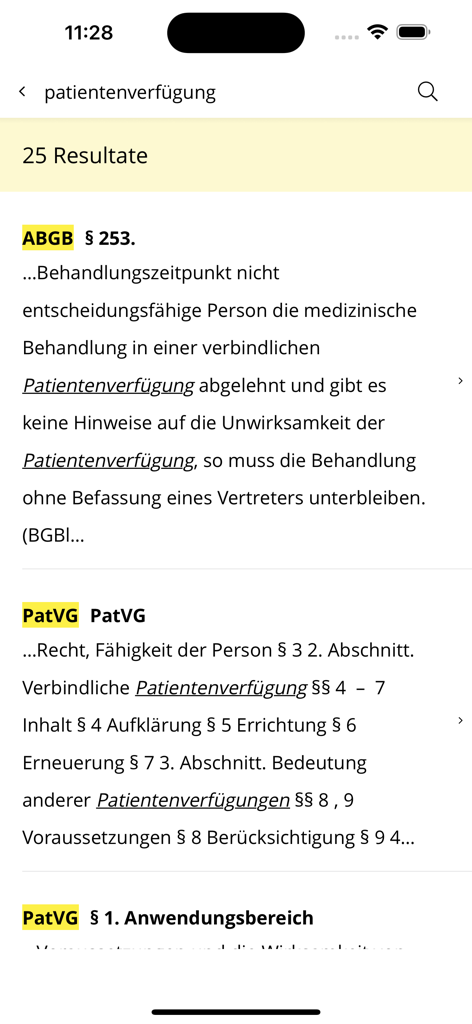 KODEX - Search results screen in the KODEX app displaying Austrian legal statutes and paragraphs for the term patientenverfuegung