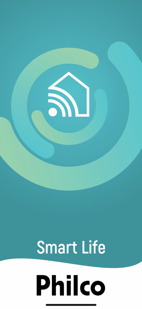 Pantalla de inicio de la aplicación Smart Life Philco con un icono de casa y señal inalámbrica sobre un fondo verde azulado