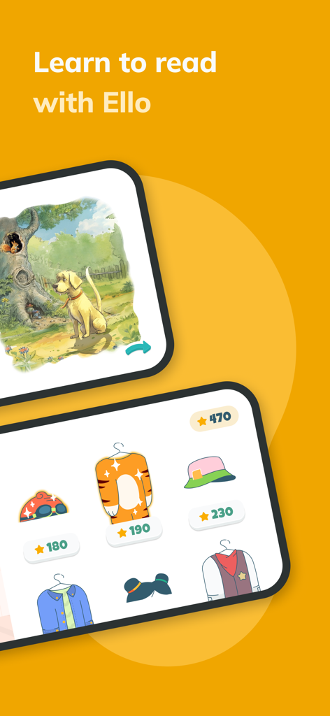 Interface of the Read with Ello app showing a storybook illustration and a reward shop with digital prizes