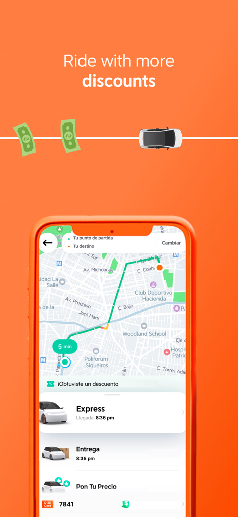 Écran de l'application DiDi Rider montrant une carte avec des options de trajet comme Express et Entrega avec un titre sur les réductions de trajet
